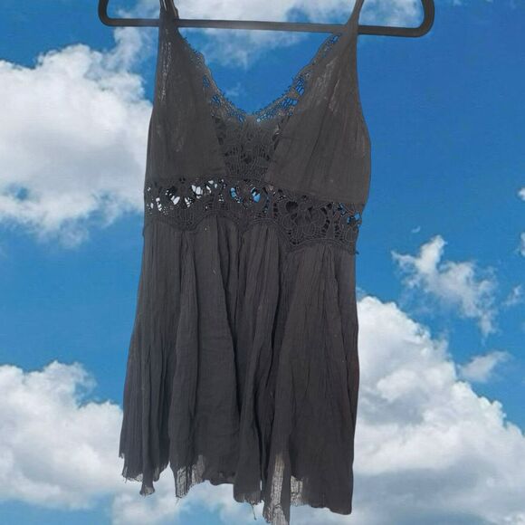 Free People One Dress Womens XS Black Cotton Mini Prairie Goth Festival Raw Hem - Picture 3 of 8